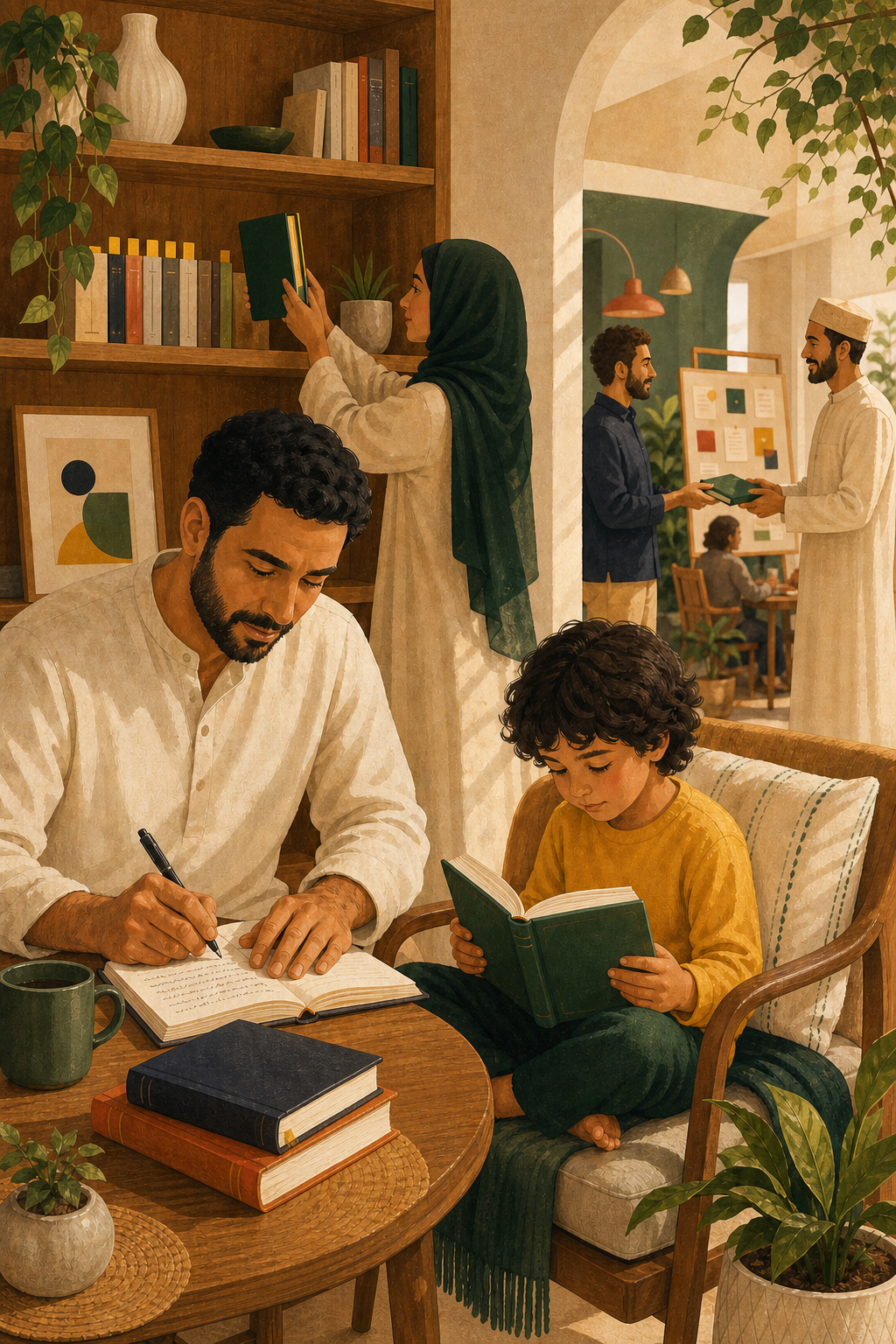 A family reading and taking notes while neighbours share a book at a local gathering
