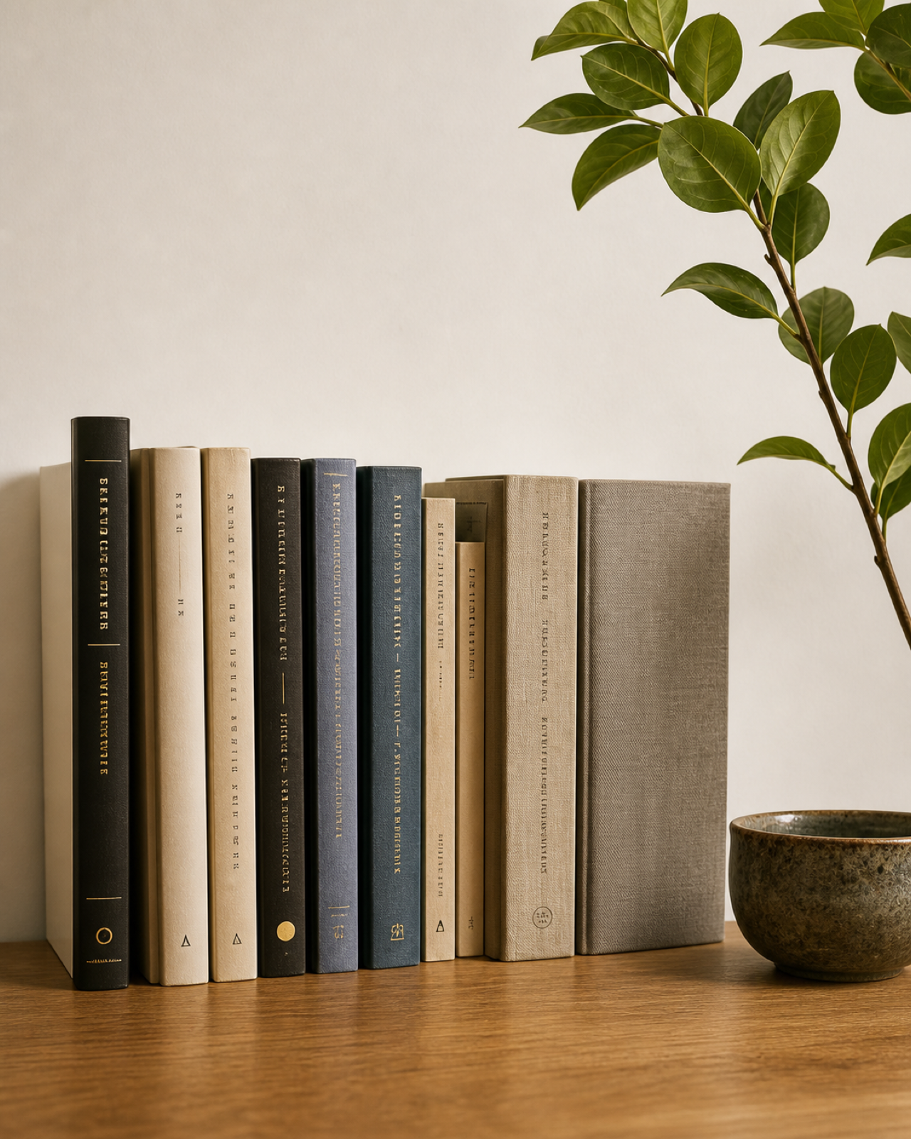 A warm editorial still life of books, a leafy plant and a ceramic cup on a wooden shelf
