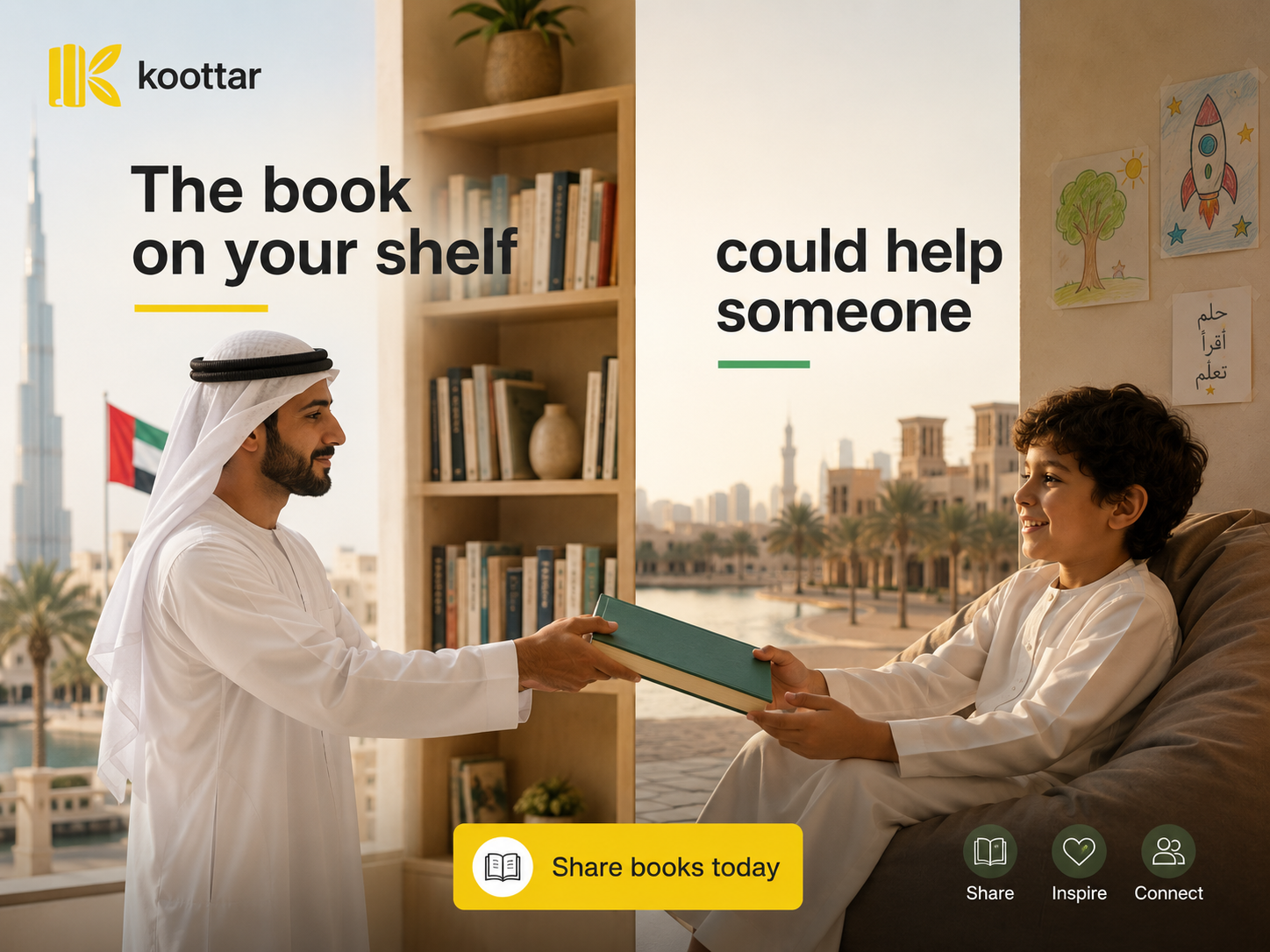 A man in traditional UAE attire shares a book with a smiling child — 'The book on your shelf could help someone'. Share books today on Koottar.