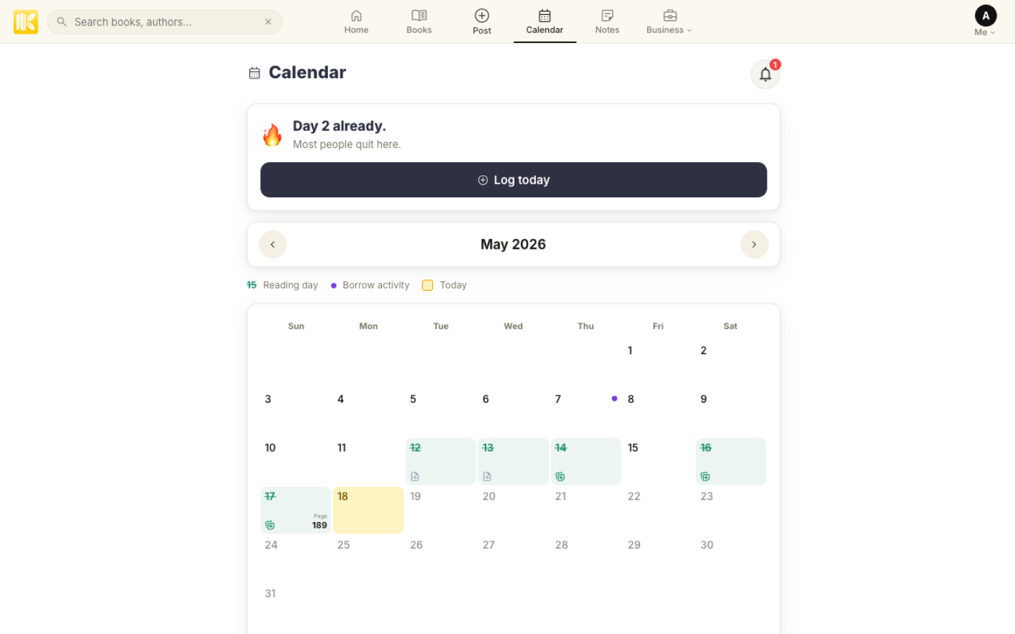 Koottar Reading Calendar — track your streak
